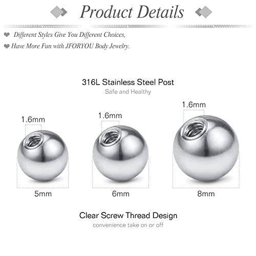 JFORYOU 14G Replacement Balls for Piercing Jewelry 18Pcs Externally Threaded Surgical Steel Balls Industrial Barbell Tongue Nipple Navel Belly Button Piercing Rings Parts 5MM-8MM - color: 14G-5mm/6mm/8mm-Silver Tone