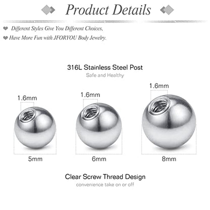 JFORYOU 14G Replacement Balls for Piercing Jewelry 18Pcs Externally Threaded Surgical Steel Balls Industrial Barbell Tongue Nipple Navel Belly Button Piercing Rings Parts 5MM-8MM - color: 14G-5mm/6mm/8mm-Silver Tone