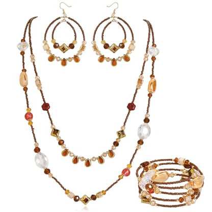 Bocar Bohemian Handmade Beaded Jewelry Set for Women 3 Pcs Layered Necklace Hoop Earrings Wrap Bracelet Set Boho Summer Vacation Jewelry Gift (NK-10834) - color: Brown