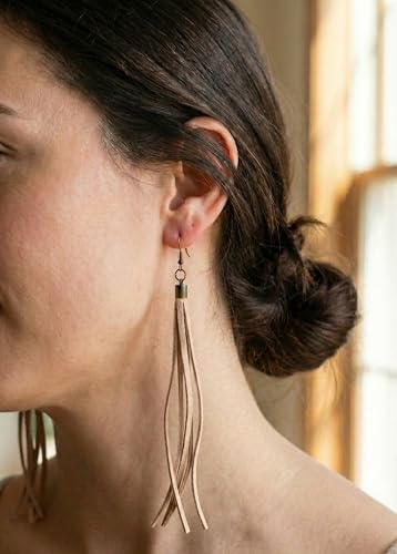 Handmade Genuine Leather Earrings for Women – Long Teardrop Boho Dangles, Lightweight Statement Fashion Jewelry - style: Springs-Beige