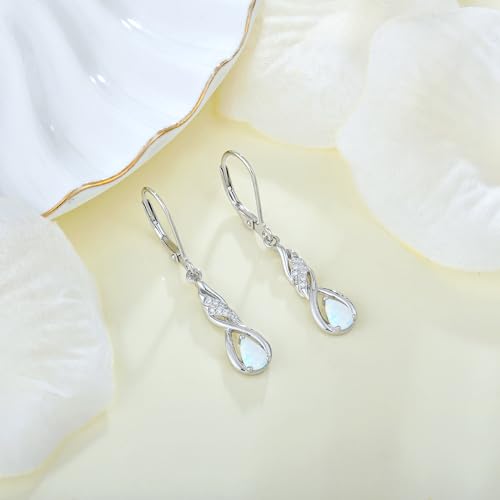 Created Opal Earrings 925 Sterling Silver Leverback Drop Dangle Earrings 5A Cubic Zirconia Jewelry for Women - color: C white opal
