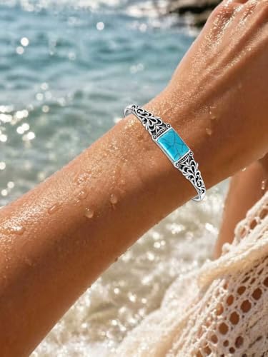 Native American Genuine Turquoise Cuff Bracelet for Women, 925 Sterling Silver Turquoise Boho Bangle, Adjustable Open Cuff Fits 6-7.5 Inches - style: Rectangle Turquoise