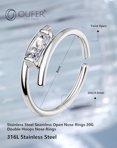 OUFER Nose Rings Silver, 20G Double Hoop 8MM Nose Rings, Seamless Stainless Steel Rook Daith Piercing Jewelry for Women & Men - style: Style6-Square Diamond