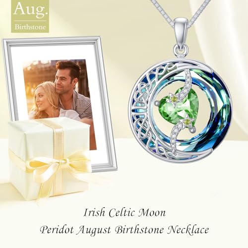 TOUPOP Birthstone Necklace Women Sterling Silver Moon Star Birthday Jewelry | Celtic Moon Pendant with Blue Crystal Anniversary Christmas Jewelry Gifts for Wife Mom Her - color: A-08-Peridot