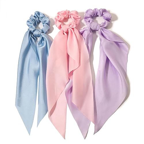 3PCS Hair Scarf Scruncheis for Women Knotted Bow Hair Ties Elastic Bands Satin Hair Ribbon Scrunchy Red Ponytail Holder for Women and Girls (Blue Lilac Pink) - color: Blue Lilac Pink