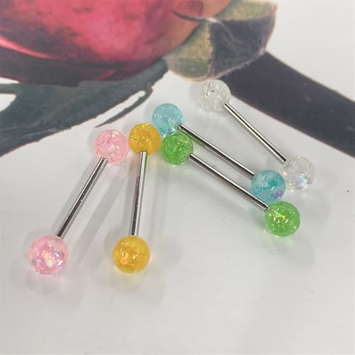 5Pcs Sequins Tongue Rings 14G Stainless Steel Barbell with Glitter Multi-Color Balls Straight Barbell Tongue Piercing Body Jewelry for Women