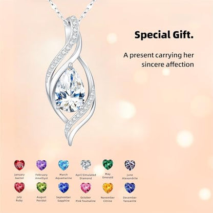 Birthstone Necklace for Women S925 Sterling Silver Teardrop | With Cubic Zirconia and Gemstones - Ideal Birthday Jewelry Gift for Her, Girlfriend, Wife, Mom on Birthday, Anniversary - color: 04-Cubic Zirconia