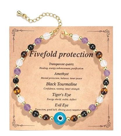 ROYONE Evil Eye Bracelets - 5 Healing Crystals Gift Set，Adjustable Natural Stone Jewelry for Anxiety Relief & Good Luck - color: Lake blue
