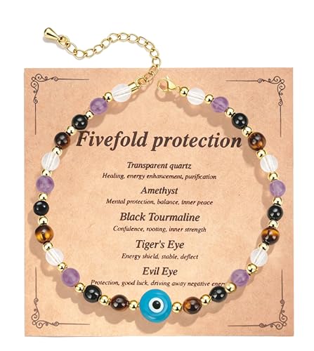 ROYONE Evil Eye Bracelets - 5 Healing Crystals Gift Set，Adjustable Natural Stone Jewelry for Anxiety Relief & Good Luck - color: Lake blue