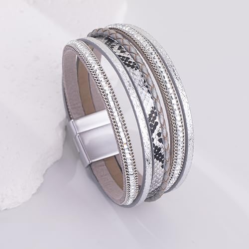 Boho Layered Leather Wrap Bracelets Chunky Western Country Hippie Jewelry | Stackable Bohemian Cowgirl Magnetic Clasp Cuff Bangle Set Fashion Stack Statement Festival Trendy Jewelry Gifts for Women - color: Silver