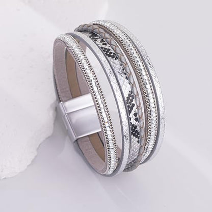 Boho Layered Leather Wrap Bracelets Chunky Western Country Hippie Jewelry | Stackable Bohemian Cowgirl Magnetic Clasp Cuff Bangle Set Fashion Stack Statement Festival Trendy Jewelry Gifts for Women - color: Silver