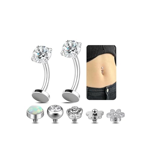 Belly Button Ring Set for Women, 14G 316L Steel Internally Threaded Navel Rings with Interchangeable Tops Opalite, CZ Star, Flower, Ball, 8-14MM Floating Cute Belly Piercing Jewelry Gold Silver - style: Silver - 14G（1.6mm）- 10/8mm