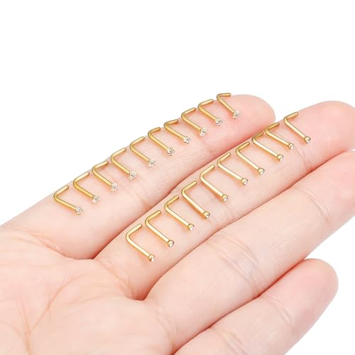 Hoeudjo Nose Studs Surgical Steel Cubic Zirconia Nose Rings Kit for Women Men Tiny Nose Stud Screw & Bone & L Shaped Nostril Piercing Jewelry 24-18 Gauge 20 Pieces Set - color: gold-tone,L-shaped nose studs, size: 18g/1.5mm clear CZ