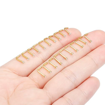 Hoeudjo Nose Studs Surgical Steel Cubic Zirconia Nose Rings Kit for Women Men Tiny Nose Stud Screw & Bone & L Shaped Nostril Piercing Jewelry 24-18 Gauge 20 Pieces Set - color: gold-tone,L-shaped nose studs, size: 18g/1.5mm clear CZ