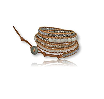 MGR MY GEMS ROCK! 35-Inch Long Multi-Layer Hand Crafted Gemstone and Crystal Multi-Stone Beaded on Genuine Leather Boho Style Stackable Super Wrap Bracelet, up to 5 Wraps.
