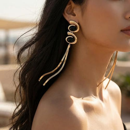 Black and Gold Earrings for Women,Geometric Statement Dangle Earrings with Long Snake Chain Tassel Pendant Earring - color: Gold