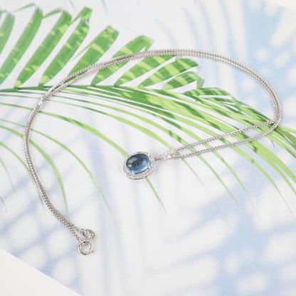 iSTONE 925 Sterling Silver Natural Crytral for Womens Pendant Necklace, Gemstone Birthstone with 17.8" Silver Chain Ladies - color: Oval Aquamarine