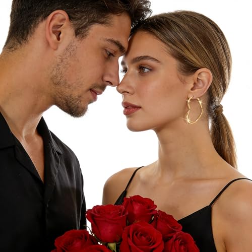 Trendy 14K Gold Plated Hoop Earrings for Women, Chunky Gold/Silver Earrings for Women Cubic Zirconia Baguette Hoop Earrings Heart Hoops Lightweight Hypoallergenic Jewelry,25mm/35mm/40mm/50mm - color: 07 Gold Heart Hoops 50mm
