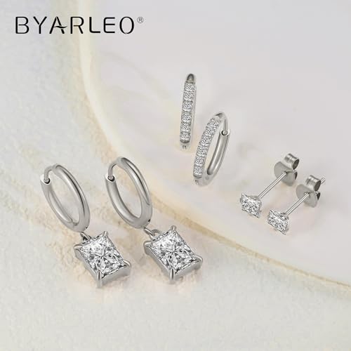 Surgical Steel Small Stud Clover Drop Dangle Huggie Hoop CZ Stud Earrings - color: G-Steel-Colored-R