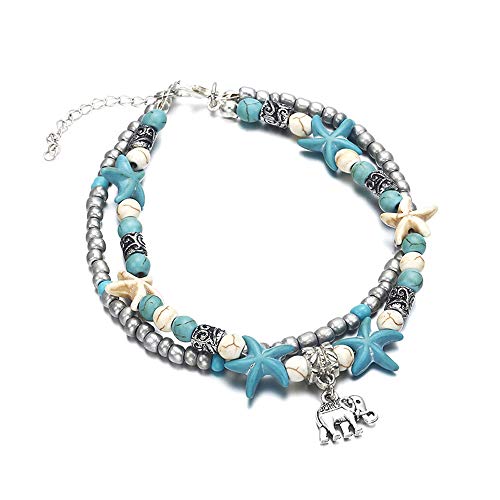 Softones Blue Starfish Turtle Anklet Multilayer Charm Beads Sea Handmade Boho Anklet Foot Jewelry for Women - style: J:Elephant