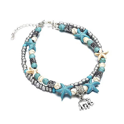 Softones Blue Starfish Turtle Anklet Multilayer Charm Beads Sea Handmade Boho Anklet Foot Jewelry for Women - style: J:Elephant