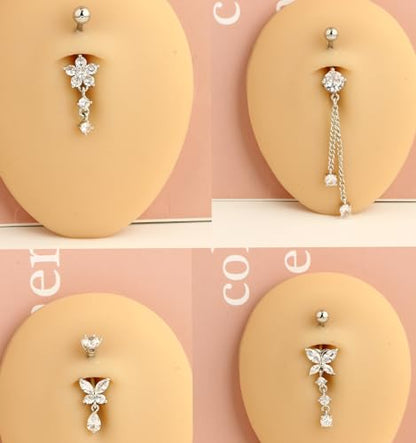 TIANCI FBYJS Surgical Stainless Steel Dangle Belly Button Rings for Women Belly Ring Dangling Piercing Jewelry with Heart Flower Butterfly Silver 14G - color: silver