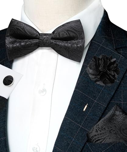 JEMYGINS Mens Paisley Bow Tie and Lapel Pin Necktie Pocket Square and Tie Clip with Sets for Business Casual 4PCS - color: Black