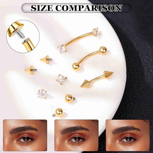3PCS 16G 18G G23 Pure Titanium Eyebrow Piercing for Women Men Curved Barbell Tiny Eyebrow Ring Vertical Labret Lip Jewelry Internally Threaded Rook Helix Conch Daith Piercing Jewelry - color: Gold, size: 16G