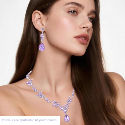 Kamirola Bridal Jewelry Set, Jewelry Set for Women, Necklace Dangle Earrings Bracelet Set, White Gold Plated (TR76) - color: Silver Purple