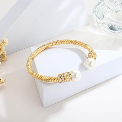 WOWORAMA Twisted Cable Wire Bracelets Two Tone Bangle Bracelet for Women | Stainless Steel, Unisex Gold Silver Bracelet, Mixed Metal Chunky Bangles Jewelry - color: Gold Pearl