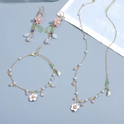 NEWITIN 4 Pieces Flower Jewelry Set for Women Fashion Costume Jewels Pink Flower Dangle Earrings Necklace Floral Beads Bracelet Gold Jewelry Set for Women - color: Pink Flower Jewelry Set