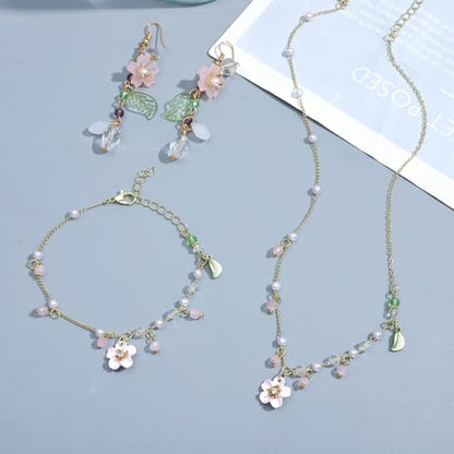 NEWITIN 4 Pieces Flower Jewelry Set for Women Fashion Costume Jewels Pink Flower Dangle Earrings Necklace Floral Beads Bracelet Gold Jewelry Set for Women - color: Pink Flower Jewelry Set