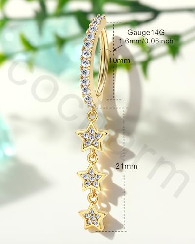 COCHARM Clicker Belly Button Rings, 14K Gold Plated Belly Navel Rings for Women, Stainless Steel Belly Piercing Jewelry Dangly - color: YG-10MM