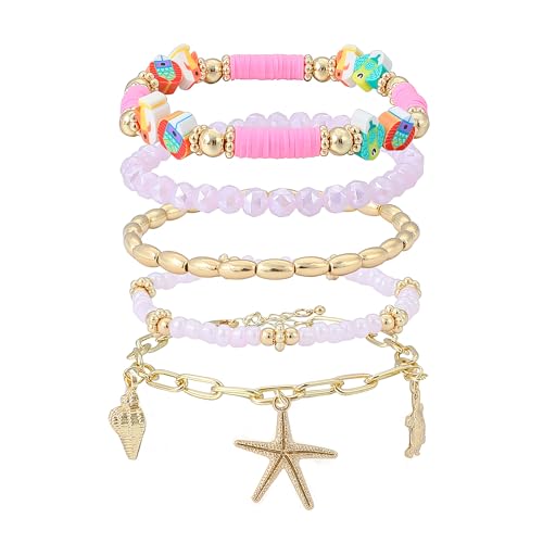 Summer Surfer Heishi Bracelet Set for Women Stackable Gold Plated Clay Ploymer Bead Stretch Pink Beach Layering Bracelets Jewelry - color: A-Pink 8 fish 5pcs