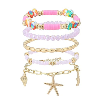 Summer Surfer Heishi Bracelet Set for Women Stackable Gold Plated Clay Ploymer Bead Stretch Pink Beach Layering Bracelets Jewelry - color: A-Pink 8 fish 5pcs