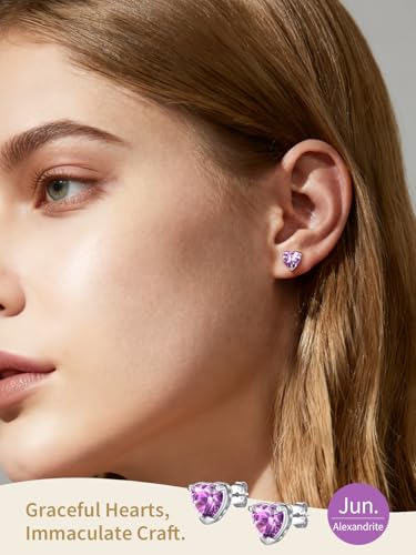 FindChic 2 Carat Birthstone Stud Earrings for Women, Round/Heart/Princess Cut Stud Earrings, Hypoallergenic Studs with 925 Sterling Silver Posts, 12 Months Birthday Jewelry Gift - color: 06. June-Alexandrite(Heart Cut)
