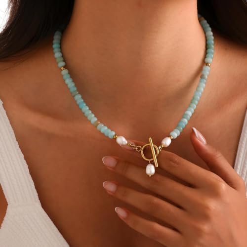 Dainty Turquoise Pearl Pendant Necklace 18K Gold Plated Bohemian Stone Pearl Choker Necklace for Women Dainty Natural Stone Choker Turquoise Beaded Necklace - color: Gold