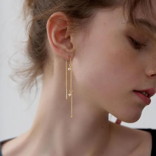 Chunky Hoop Huggie Dangle Tassel Pearl Bow Heart Charm Stud Cilp-on Earrings for Women, 14K Gold plated/Sterling Silver Plated CZ Large Jewelry Vintage Dainty Trendy Gift Daily Prom Party - style: 3CZ Tassel-GD