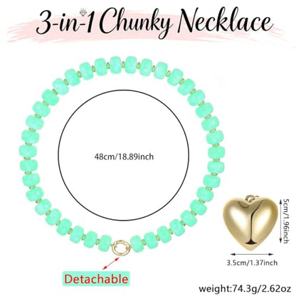 Chunky Heart Necklaces for Women Colorful Resin Beaded Necklaces for Women Gold Puffy Heart Statement Necklace Trendy Acrylic Choker Jewelry Gift - color: B-Mint Green