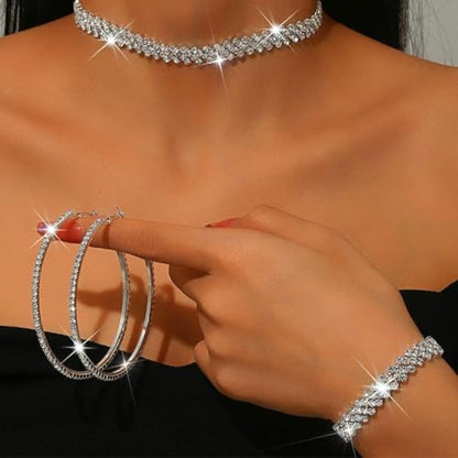 Black Jewelry Sets Rhinestone Necklace Hoop Earrings Bracelet Set Prom Formal Sparkly Costume Jewelry Sets for Women - color: Silver