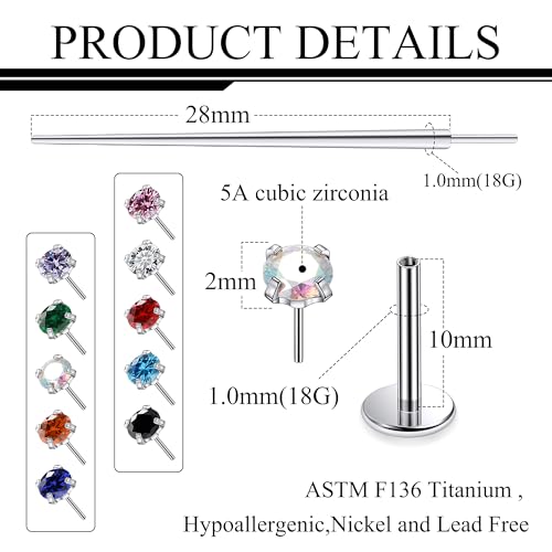 Titanium Flat Back Lip Rings Threadless Push in Earrings Studs Nose Rings 20G 18G 16G Mix Colors CZ Tragus Cartilage Lobe Rook Helix Conch Labret Medusa Nostril Piercing Jewelry for Women Men - size: 18G 10mm - 2mm CZ