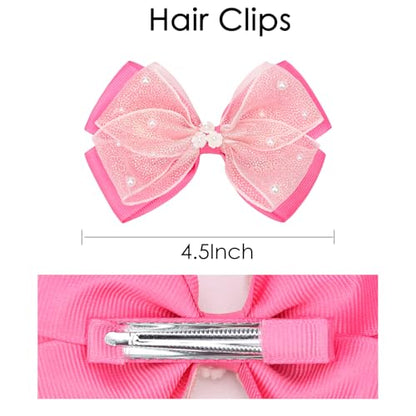 KISZU 4.5 Inch Flower Hair Bows Clips Mermaid Pearl HairPins for Girls Children Teens and Women - color: Hot Pink