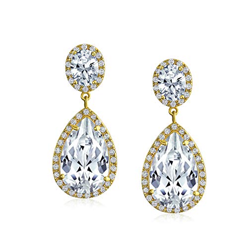 Bling Jewelry Large Teardrop Cubic Zirconia Pave CZ Halo Statement Dangle Clip On Earrings For Women Gold Silver Plated Brass - color: Gold