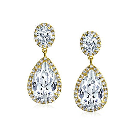 Bling Jewelry Large Teardrop Cubic Zirconia Pave CZ Halo Statement Dangle Clip On Earrings For Women Gold Silver Plated Brass - color: Gold