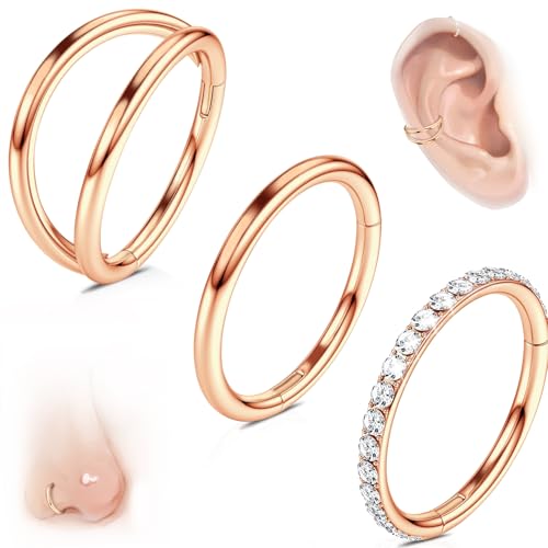 WYR 3Pcs Hypoallergenic Titanium Nose Rings for Women Men 16G 18G 20G | Black/Gold/Silver Seamless Septum Ring CZ & Double Hoop Clicker Conch Earrings Cartilage Piercing Jewelry 7mm 8mm 10mm - color: Rose Gold, size: 16g 7mm