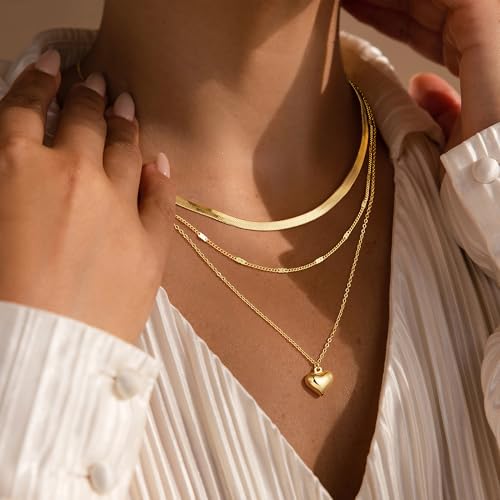 M MOOHAM Layered Gold Necklaces Stack for Women No Tarnish | 14K Gold Plated, Stackable Pendant Necklace Set, Snake Rope Cuban Paperclip Chain, CZ Coin Pendant, Dainty Jewelry Gifts - color: 3 Layered Snake Thin Dot Puffy Heart Pendant-Gold