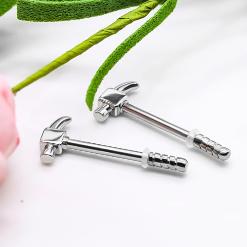 14G Wrench Barbell Nipple Ring 316L Anchor and Rudder Nipple Barbell Screw Nipple Rings Body Piercing Jewelry for Women Men - color: Silver hammer