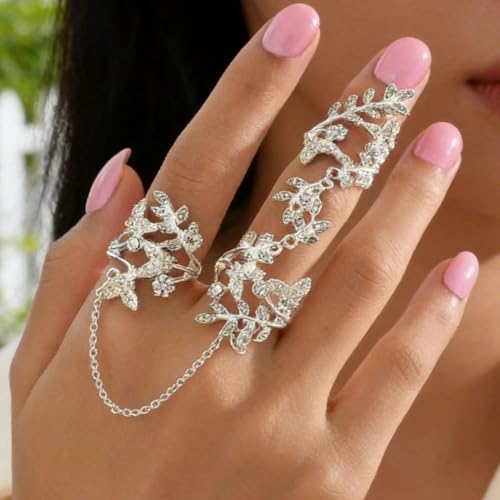 Rhinestone Finger Ring for Women Sparkly Crystal Butterfly Flower Leaf Adjustable Statement Chain Rings Punk Jewelry - color: Silver Leaf