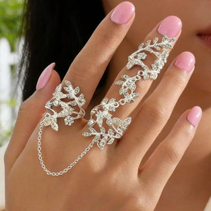 Rhinestone Finger Ring for Women Sparkly Crystal Butterfly Flower Leaf Adjustable Statement Chain Rings Punk Jewelry - color: Silver Leaf