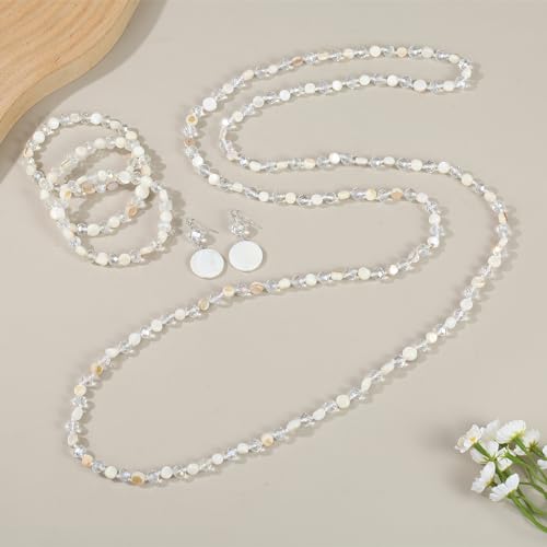 Trendy Infinity Wrap 60’’ Long Statement Necklace, Earrings and Bracelet Set - Hand Knotted Versatile Crystal and Shell Beads Strand Necklace and Chunky Beaded Stretch Bracelet Stack – Jewelry Set Gift for Women - color: White